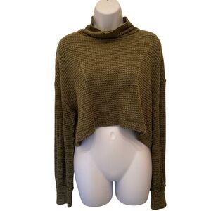 Free People Olive Green Cropped Long Sleeve Mock Turtleneck Sweater M